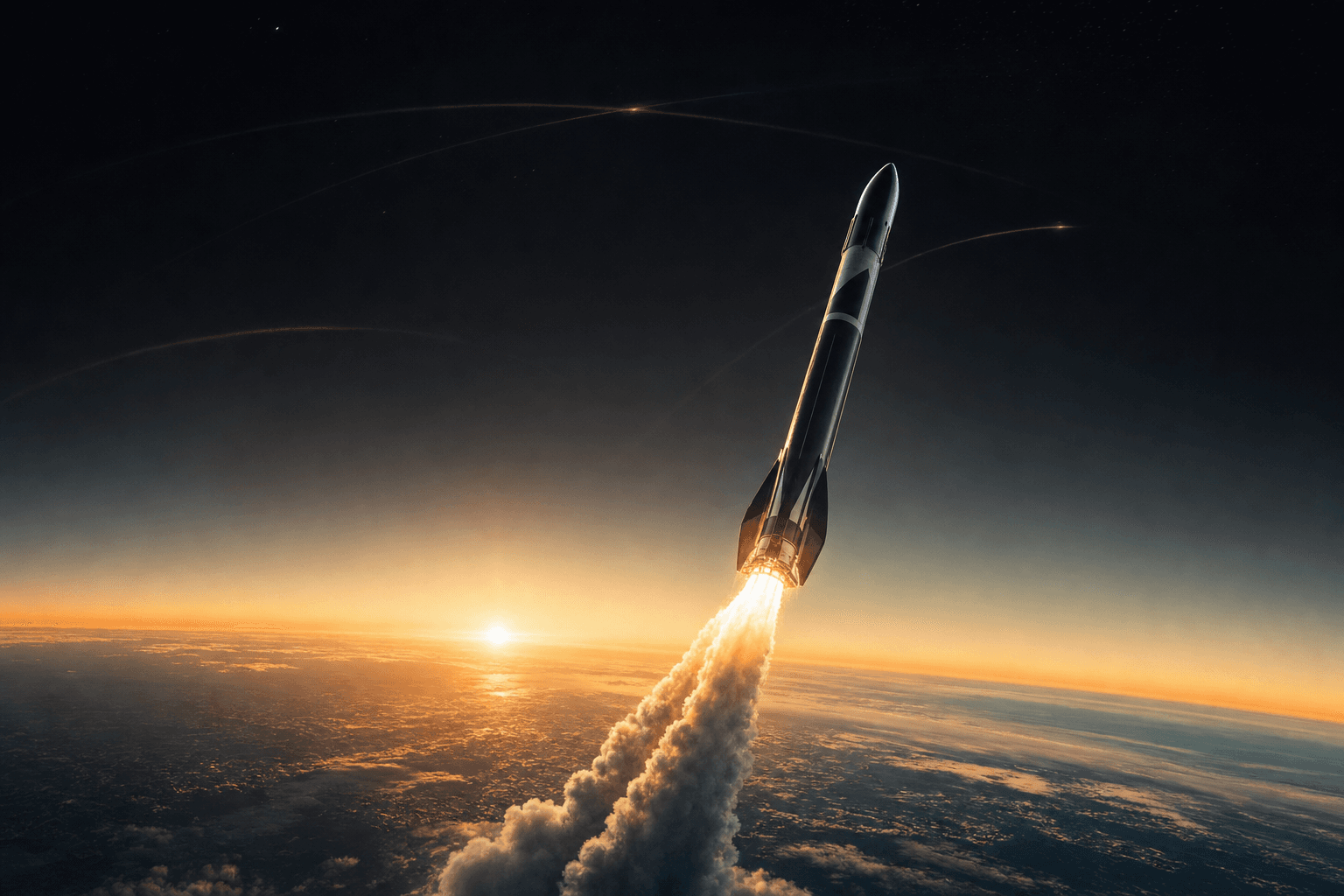 Rocket ascending above Earth at sunrise for an article about patents and space technology.