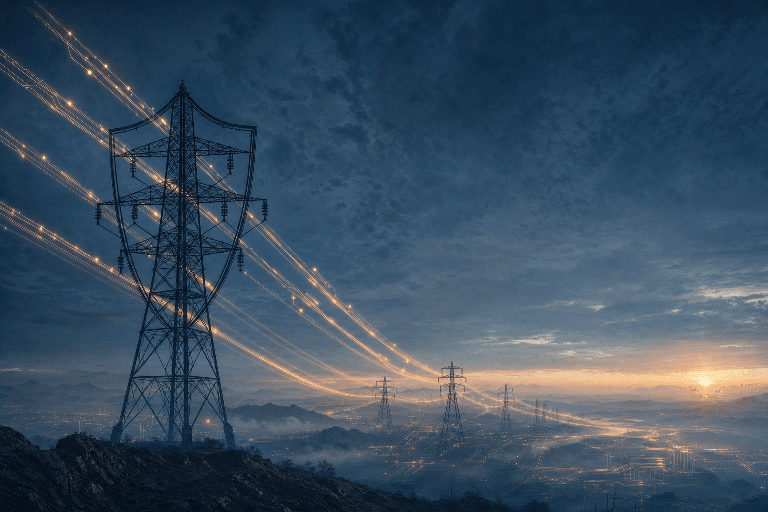 A high-voltage transmission tower stands sentinel at dawn, power lines glowing into data filaments, casting heavy infrastructure as the unexpected guardian of the AI-security frontier.