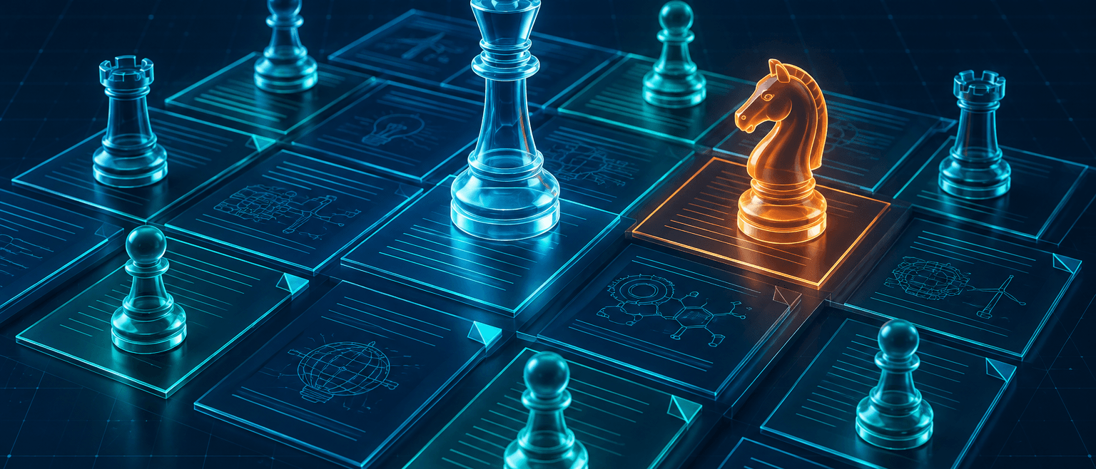 Translucent glass chess pieces on glowing patent document tiles, with one orange knight marking the strategic move.