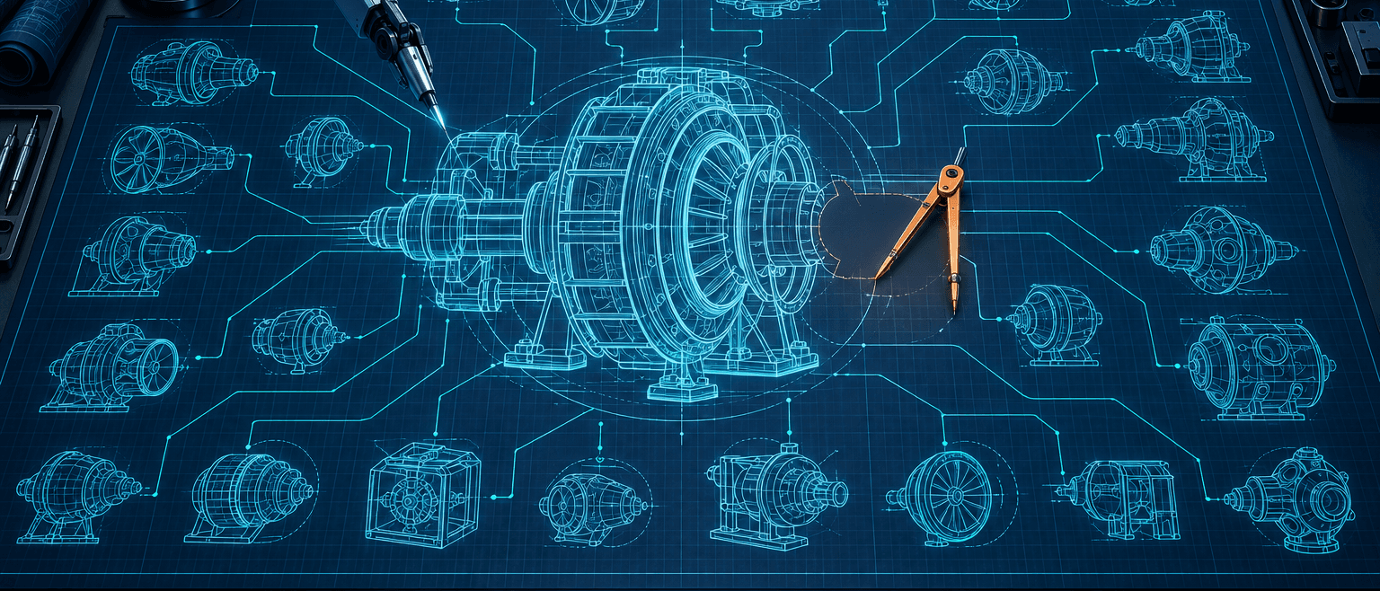 Robotic arm drawing a glowing machine blueprint with many variant sketches, an orange compass completing one blank section