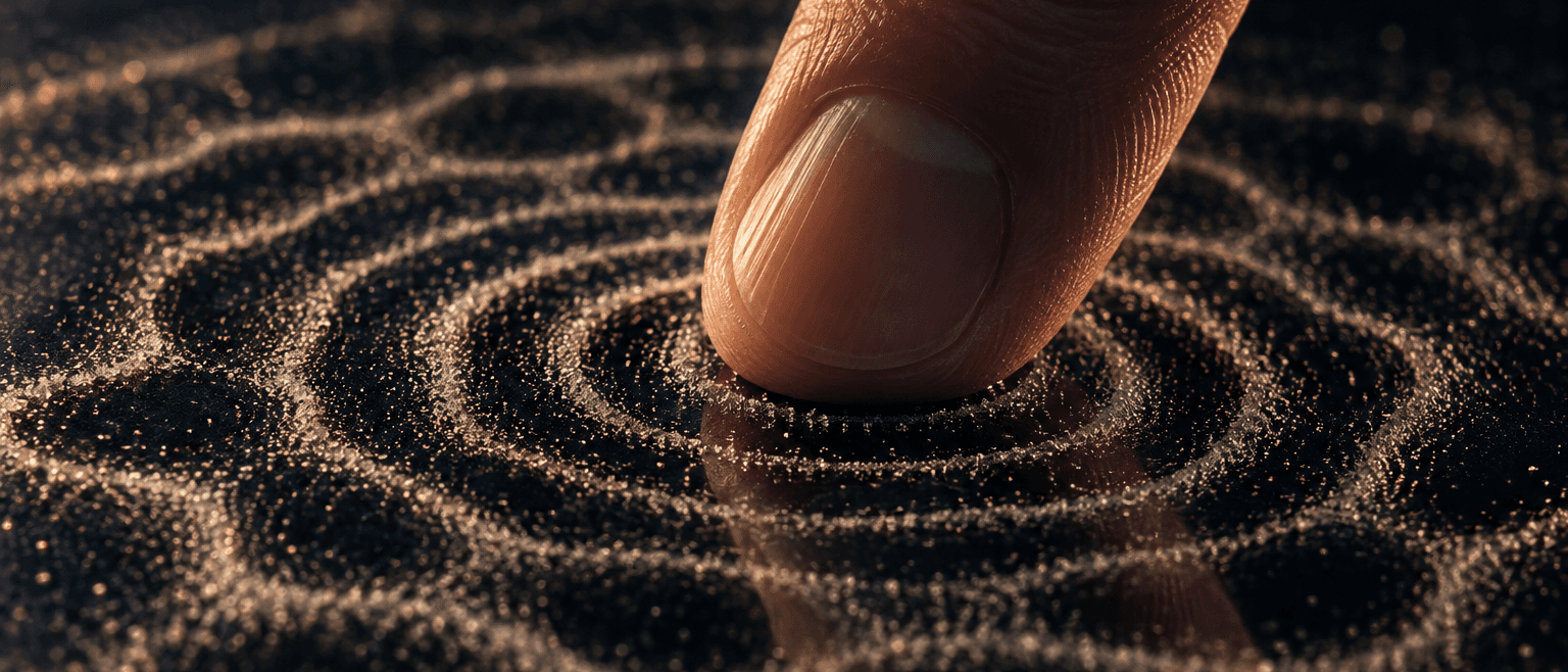 a fingertip on black glass, sand grains forming standing-wave rings around it