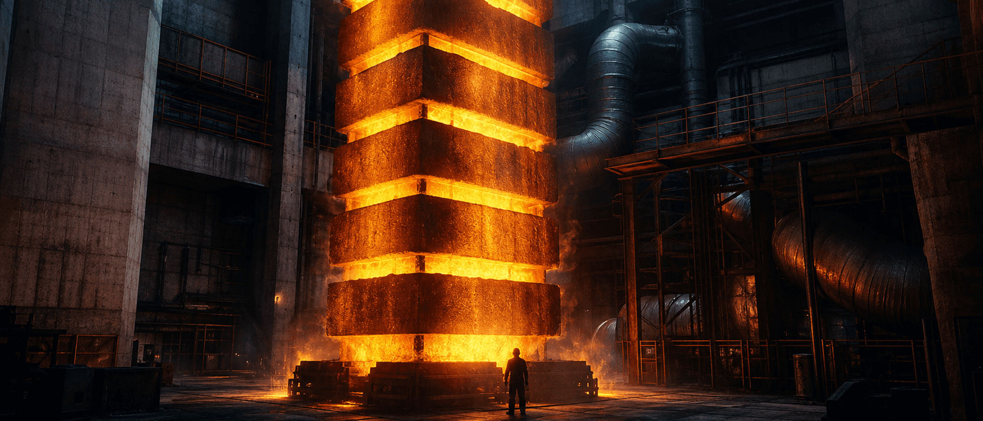 A towering stack of glowing white-hot storage blocks inside a dark concrete industrial hall, with a person standing at the base for scale.