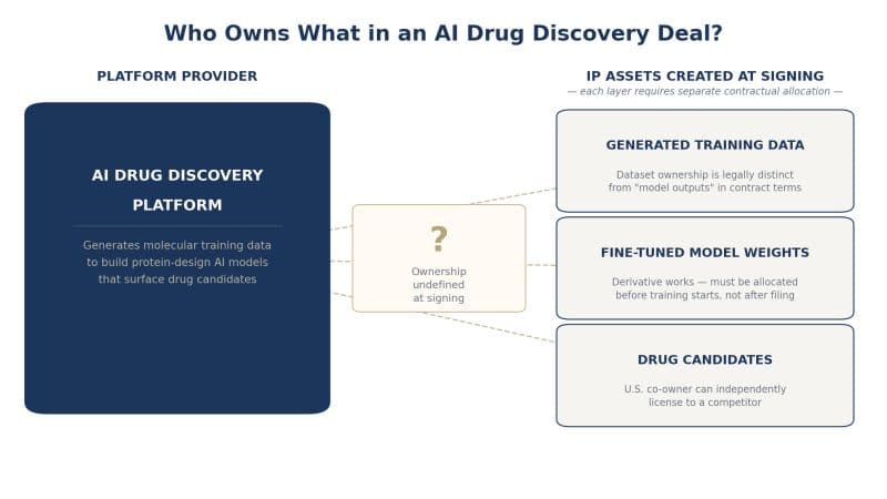 Diagram titled Who Owns What in an AI Drug Discovery Deal, showing an AI drug discovery platform connected through an undefined-ownership question mark to three IP assets created at signing: generated training data, fine-tuned model weights, and drug candidates