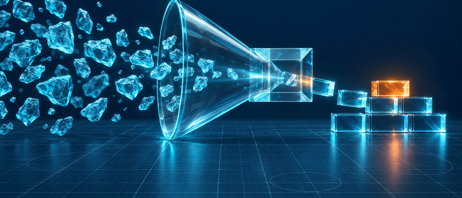 Rough cyan crystal shards pour through a glass funnel and prism, emerging as a few polished blocks, one glowing orange.