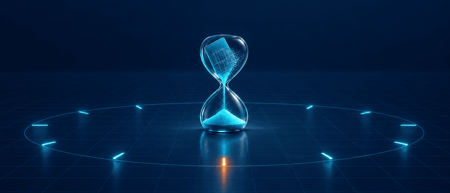 Glass hourglass with a blueprint dissolving into cyan sand, ringed by twelve glowing tick marks, one orange.