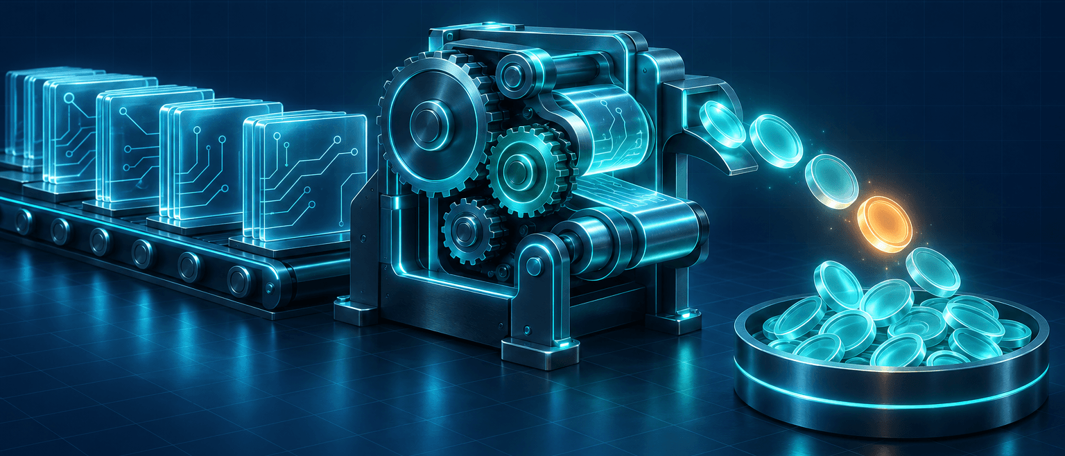 Glowing glass patent tiles feed a cyan gear mechanism that pours a stream of coins, one orange, into a basin.