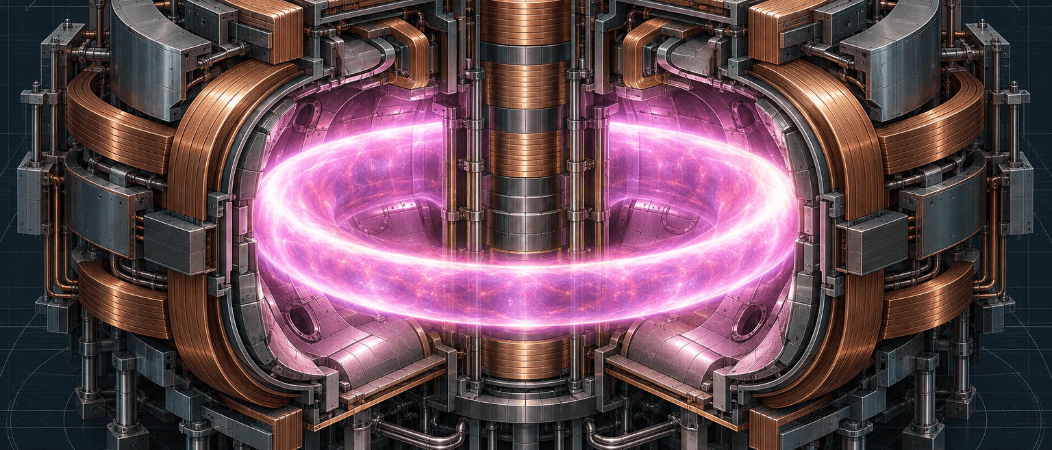 Hero image, cutaway of a tokamak with the plasma ring held by stacked superconducting coils