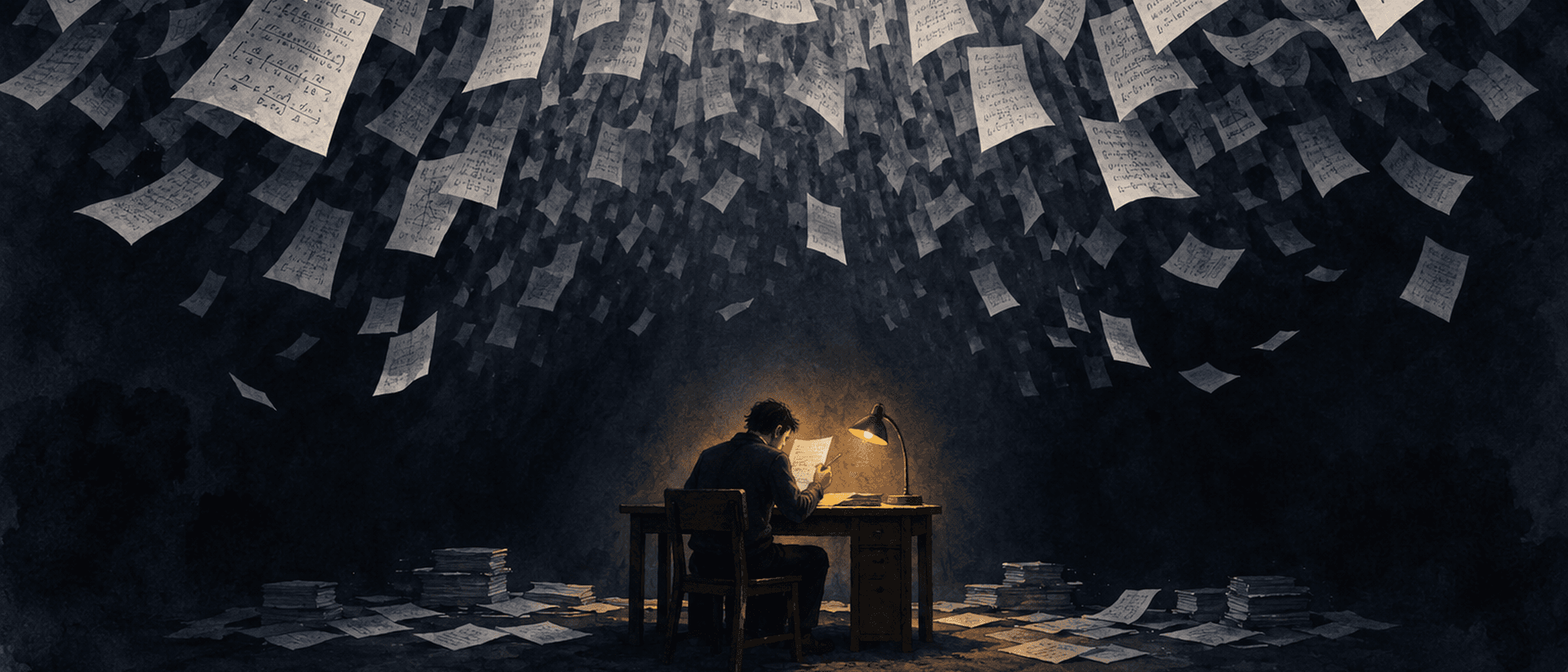Ink-wash illustration of a lone reader at a lamp-lit desk under an avalanche of falling pages of mathematics